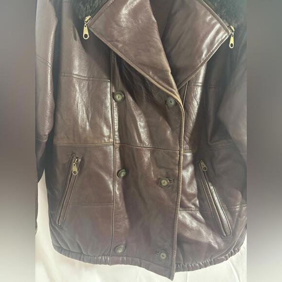 VTG Brown Oversized Genuine Leather Pilot Style Jacket Faux Fur Collar Men’s M - Picture 4 of 15